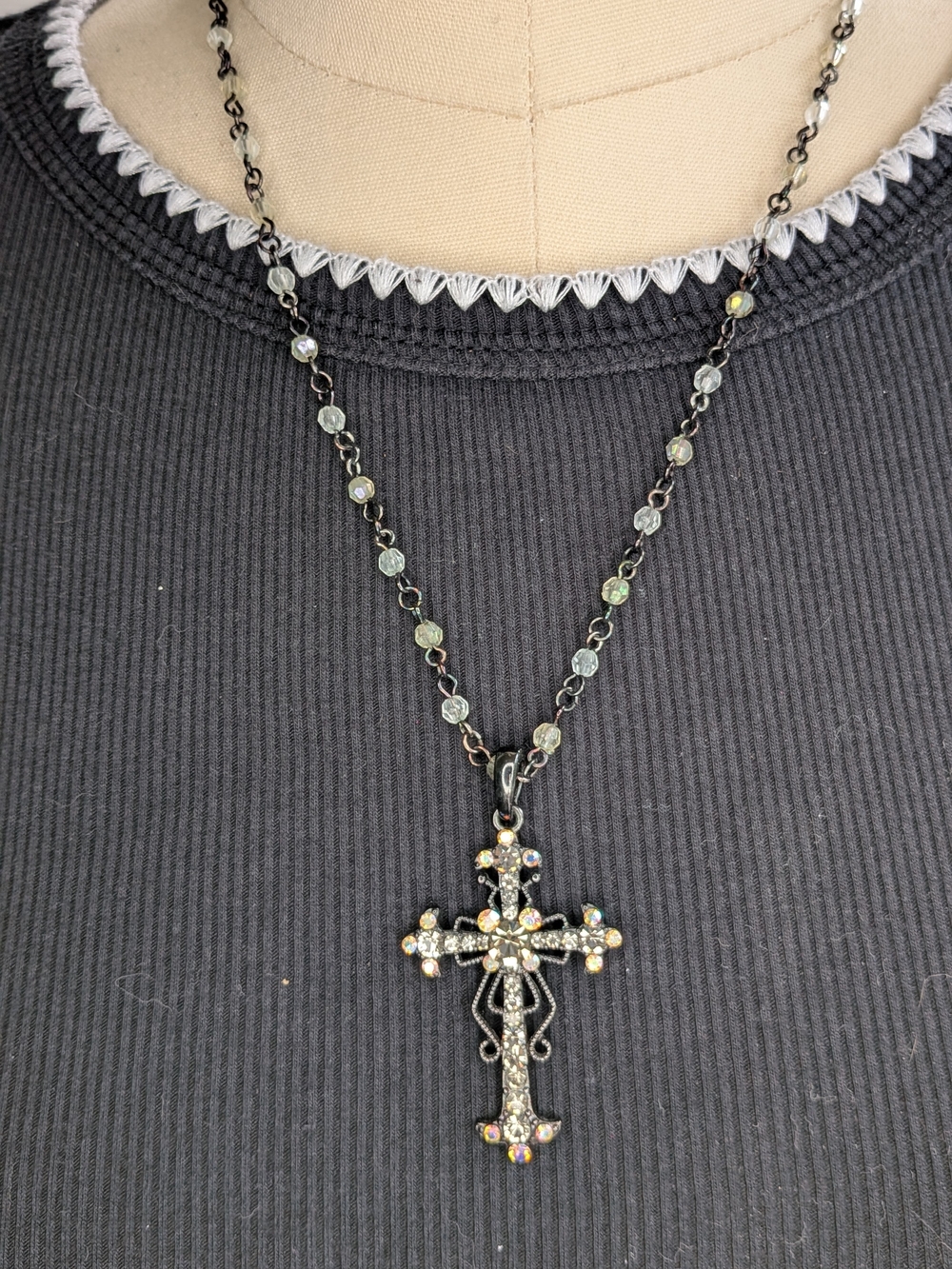 Rhinestone Cross Pendant Necklace - Black with Iridescent Stones